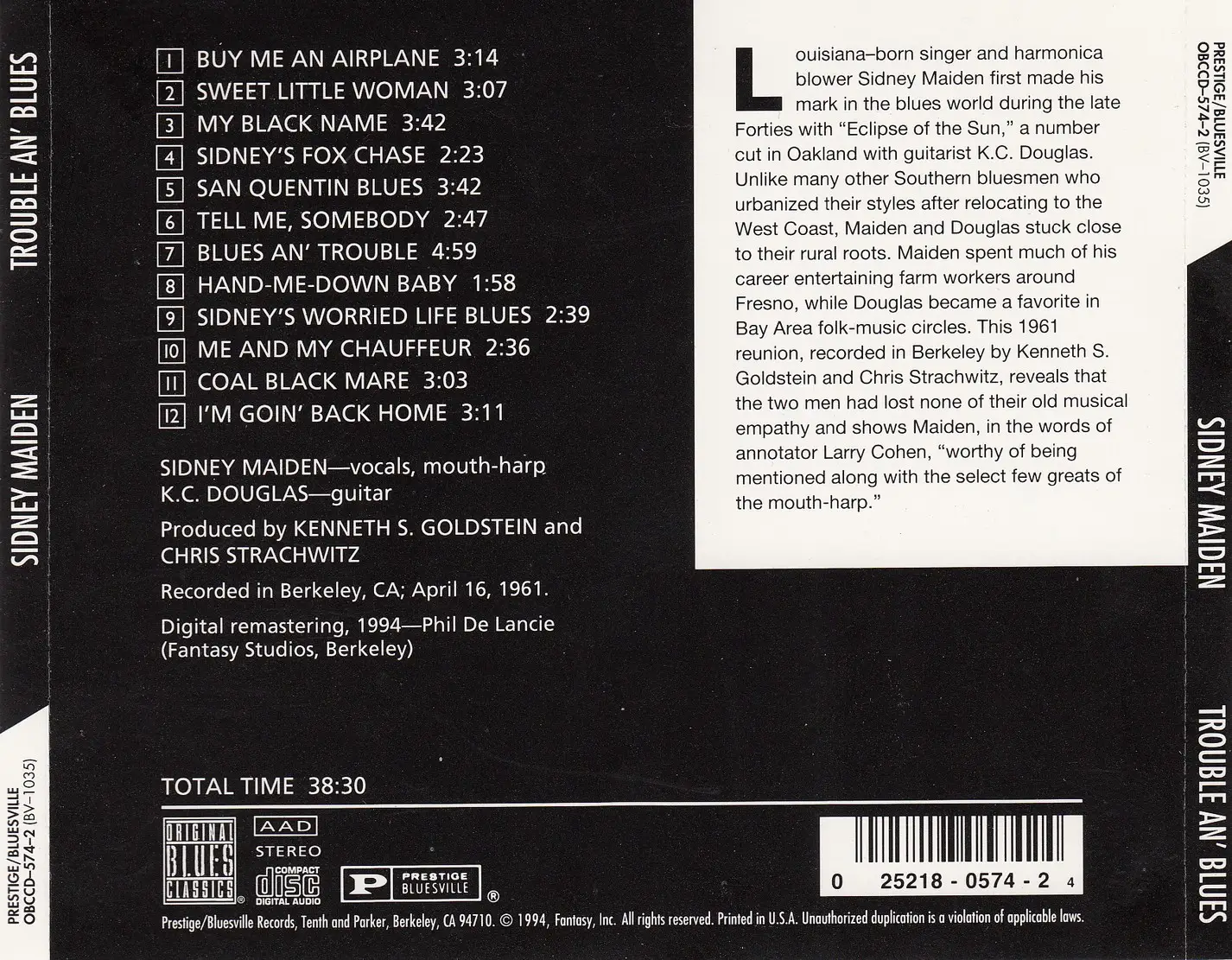 Sidney Maiden - Trouble An' Blues (1961) {Prestige-Bluesville OBCCD-574-2 rel 1994}