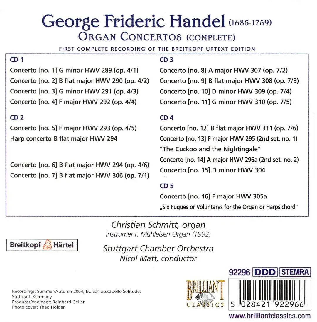 Christian Schmitt - Handel: Complete Organ Concertos (2009) (5 CD Box Set)