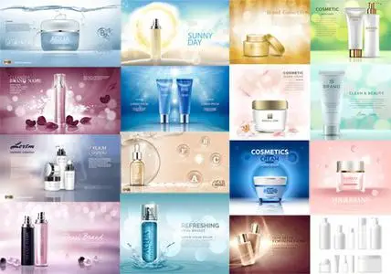 Realistic Cosmetic Products Backgrounds Collection - 16 Vector Design Templates