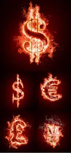 Currency symbols in flames