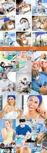 Dentist and dental care brushing teeth  stock photo