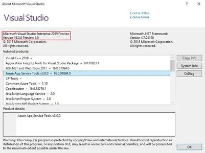 Microsoft Visual Studio 2019 preview 1.0 (build 16.0.28210.121)