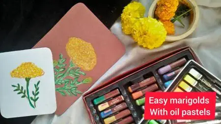 Easy Marigolds with Oil Pastels