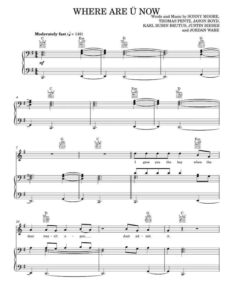Where are u now (ft. Justin Bieber) - Skrillex and Diplo Sheet music for  Piano, Vocals, Kazoo, Guitar & more instruments (Mixed Ensemble)
