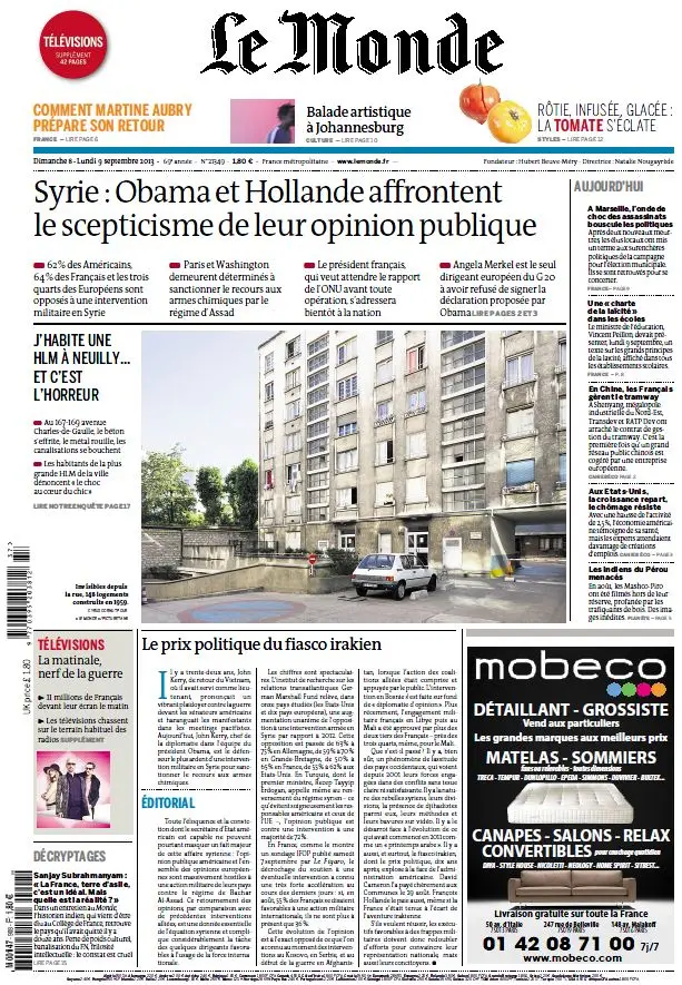 Le Monde + Télévision + Eco et Entreprise des Dimanche 8 et Lundi 9 Septembre 2013