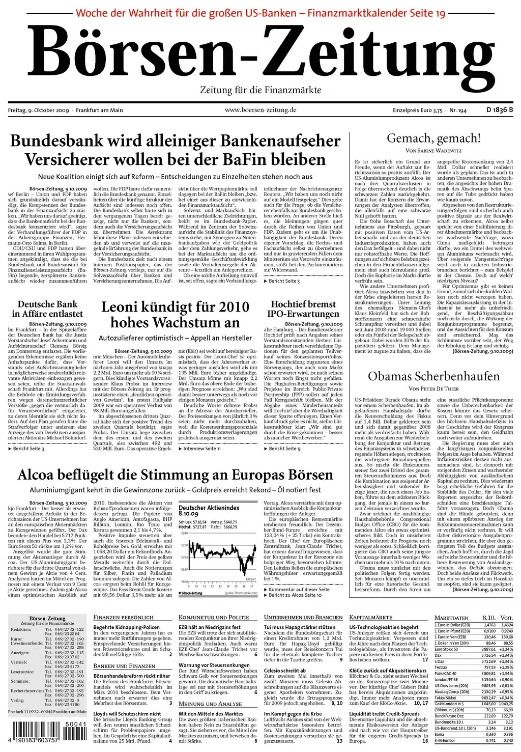Boersenzeitung vom 9. Oktober 2009