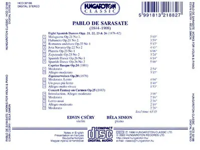 Sarasate- Edvin Csury , Bela Simon - Works for Violin & Piano (1996, Reissue 2002)
