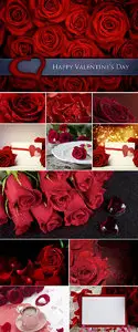 Stock Photo: Red roses and two red glass hearts