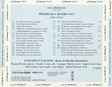 Rinaldo Alessandrini, Concerto Italiano - Luca Marenzio: Madrigali a quattro voci, Libro Primo 1585 (1994)