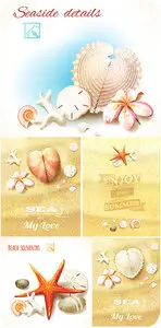 Marine backgrounds in vector frangipani flowers, seashells in the sand