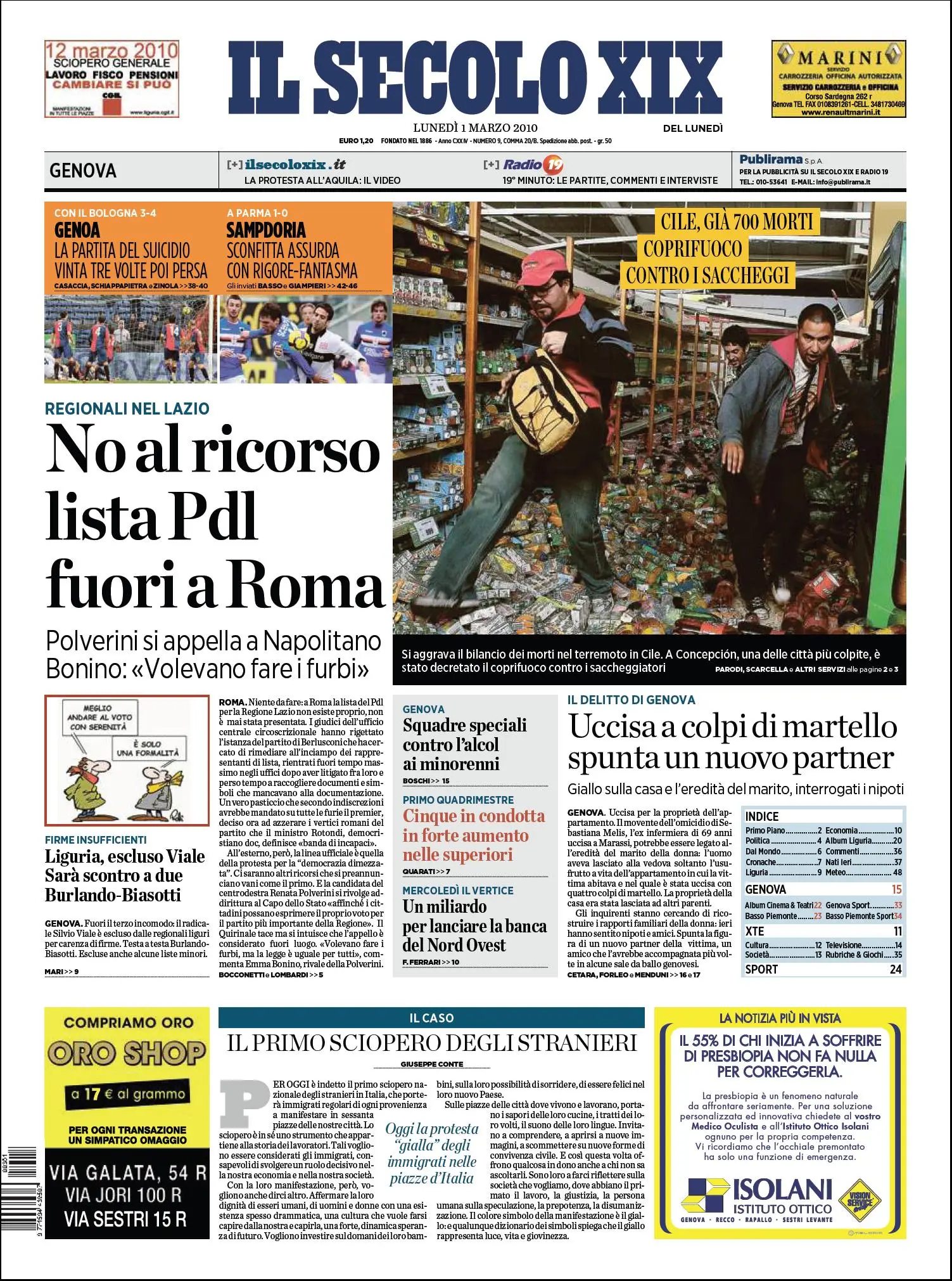 IL SECOLO XIX DEL 01 MARZO 2010