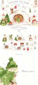 Watercolor Christmas Rabbits and House Clipart