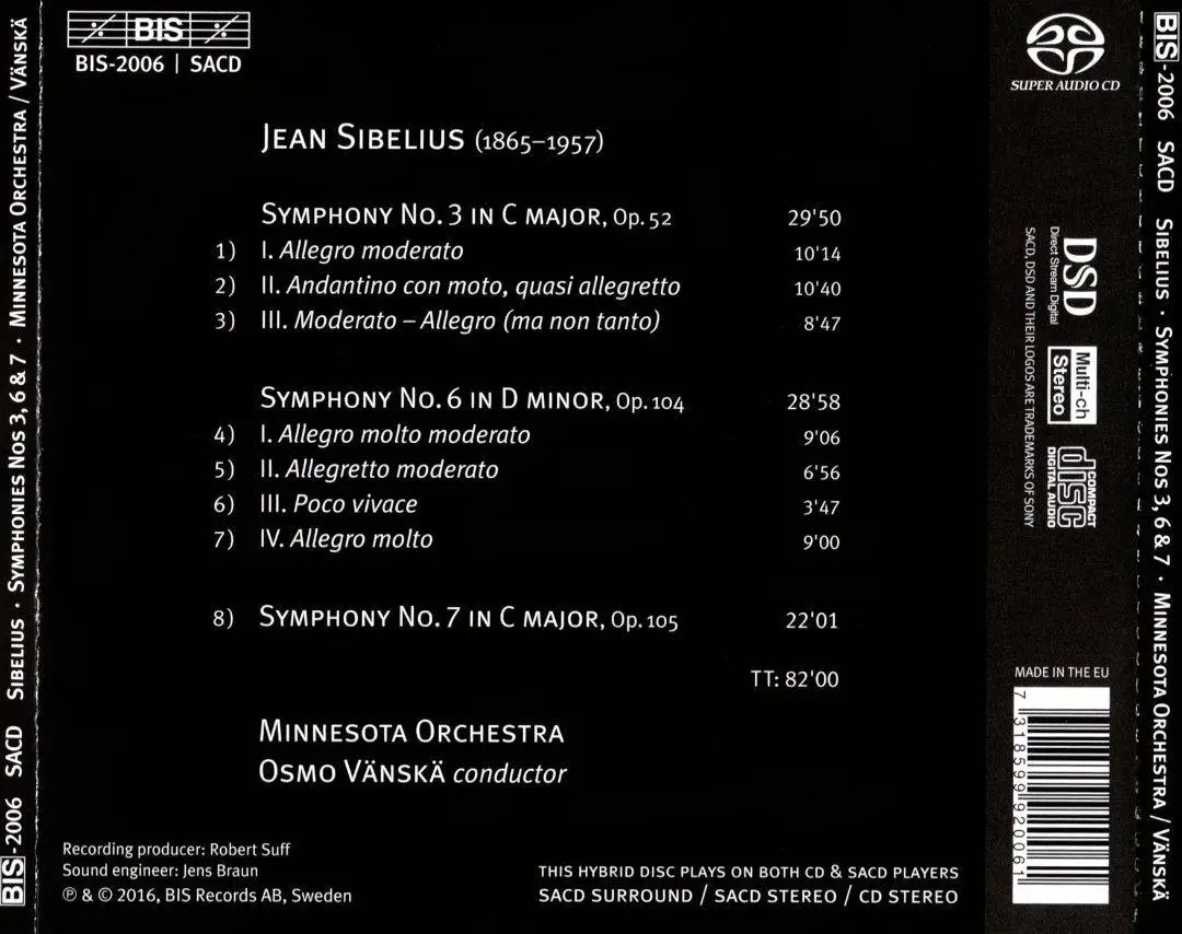 Minnesota Orchestra, Osmo Vanska - Jean Sibelius: Symphonies Nos. 3, 6 & 7 (2016)