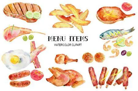 CreativeMarket - Watercolor Clipart Menu Items