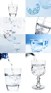 Top of view of drink glasses with water, nutrition and health-care concept