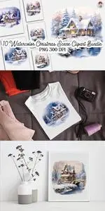 10 Watercolor Winter Scene Clipart Bundle