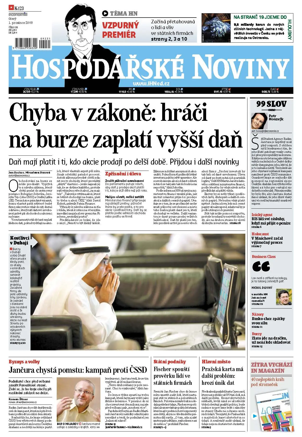 Hospodarske noviny (CZ Tages- und Wirtschaftszeitung) from 1. 12. 2009