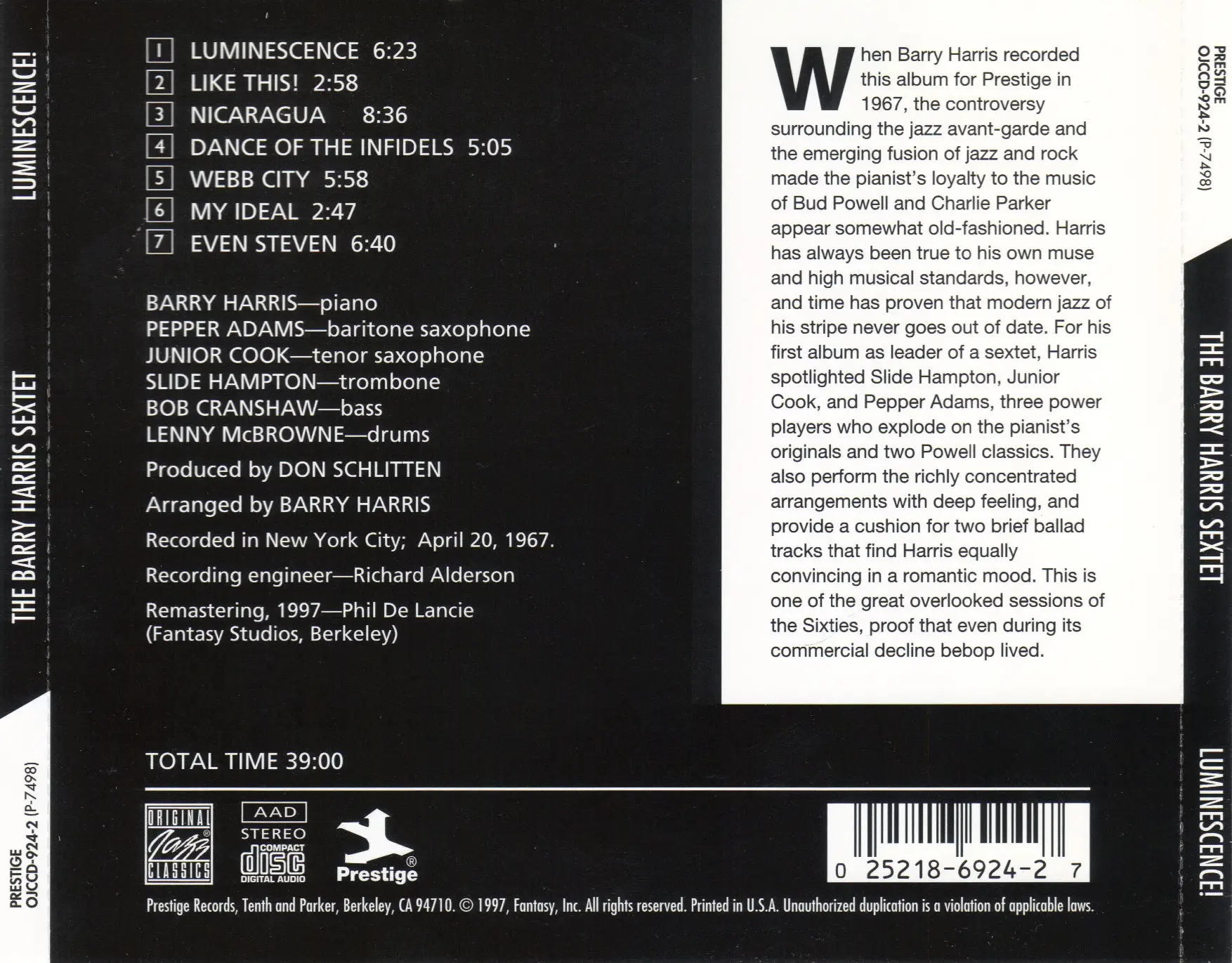 Barry Harris - Luminescence! (1967) {Prestige OJCCD-924-2 rel 1997}