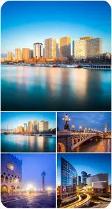 Architects, town and river, night city - Stock Photo
