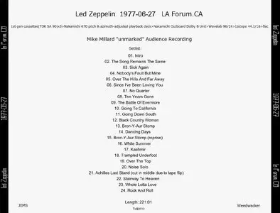 Led Zeppelin - The Forum, Inglewood, CA - June 27th 1977 (Mike Millard "Unmarked" Audience Recording)