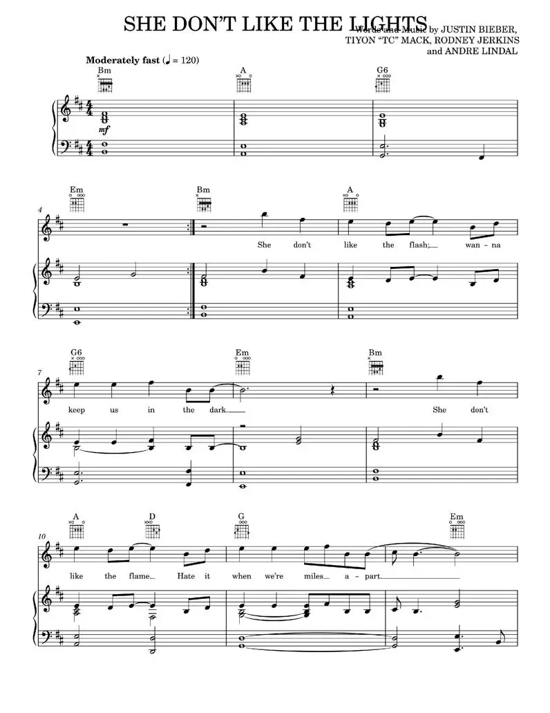 She Don't Like The Lights - Justin Bieber, Sean Kingston, Sean Kingston & Justin Bieber (Piano-Vocal-Guitar)