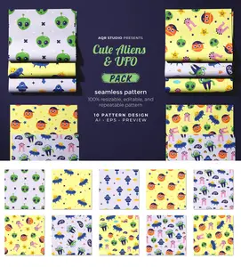 EE - Cute Aliens and UFO  Seamless Pattern AJG8DJ3