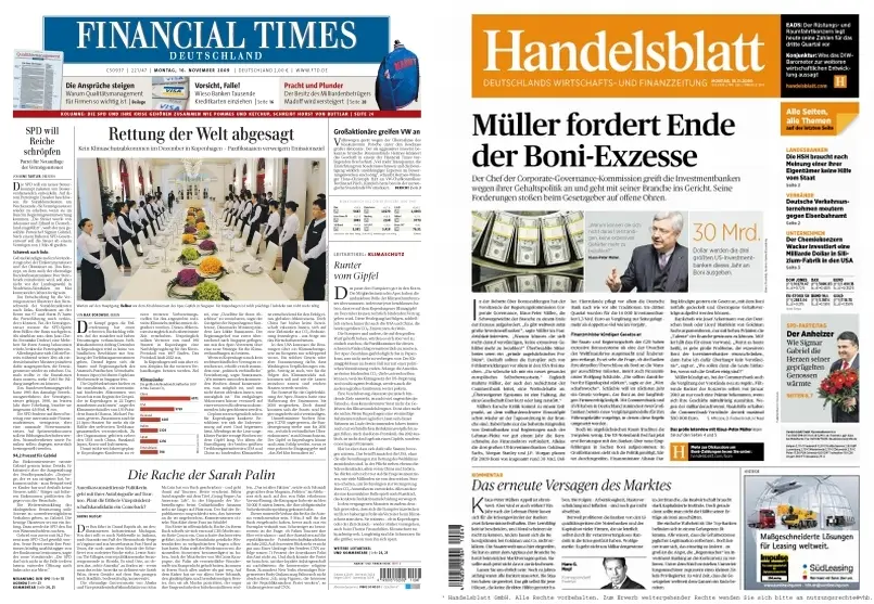 FinancialTimes Deutschland  & Handelsblatt vom 16.11.2009