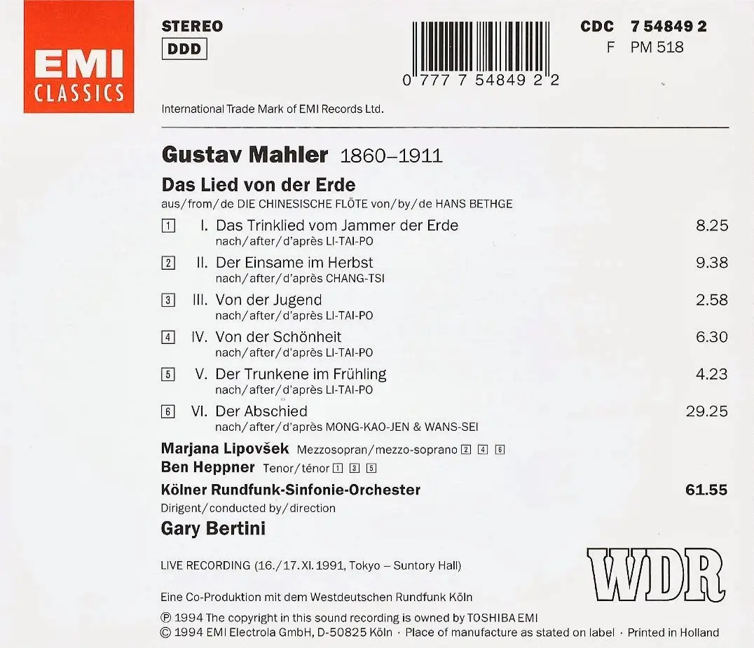 Gary Bertini - Mahler: Das Lied von der Erde (1994)