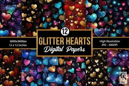 12 Glittery Hearts Patterns Pack