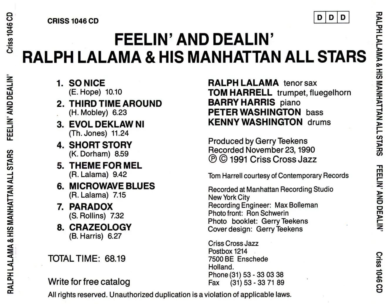 Ralph Lalama & Manhattan All Stars – Feelin’ And Dealin’ (1990) (Criss Cross Jazz-Digital Recording)