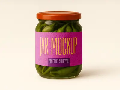 Pickled Green Chili Pepper Jar Mockup - Realistic Glass Packaging with Editable Label Design 1706...