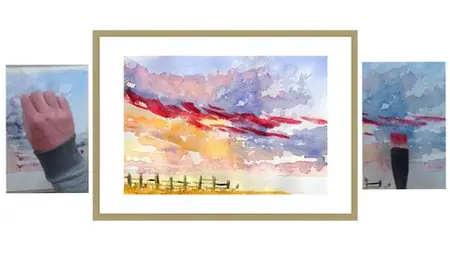 Watercolour Color Painting. Beach Sunset. One Brush Loose .