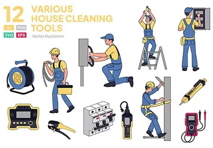 Electricity And Electricians Illustrations Set W26H96A