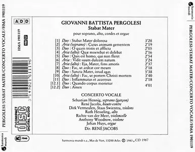 Giovanni Battista Pergolesi - Sebastian Hennig / René Jacobs - Stabat Mater (1983, CD reissue 1987)