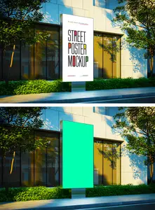 Street poster mockup on vertical billboard by modern building with greenery 1703229827