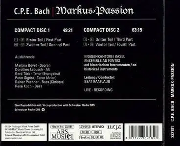 Knabenkantorei Basel, Ensemble Ad Fontes, Beat Raaflaub - C.P.E. Bach: Markus-Passion (2009) (Repost)