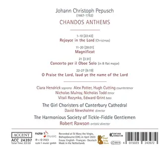 Robert Rawson, The Harmonious Society of Tickle-Fiddle Gentlemen - Johann Christoph Pepusch: Chandos Anthems (2023)