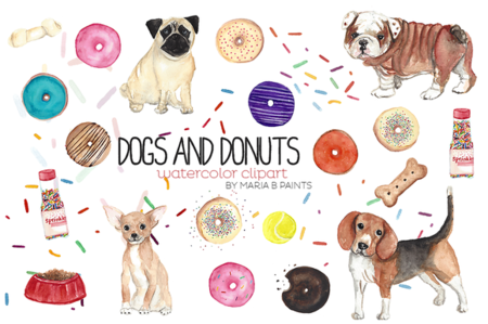 CreativeMarket - Watercolor Clip Art - Dogs n Donuts