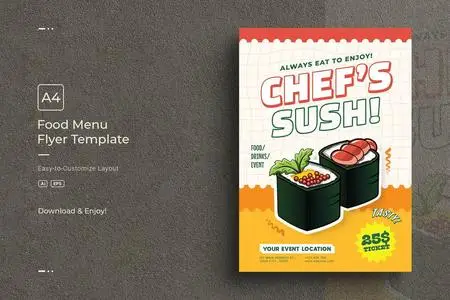Chef's Sushi Food Menu A4 Flyer Design Template SPWGYPJ
