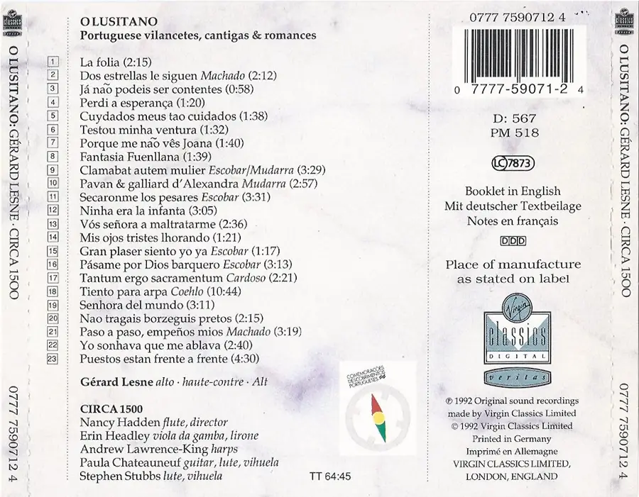 Gérard Lesne, Nancy Hadden, Circa 1500  - O Lusitano: Portuguese vilancetes, cantigas and romances (1992)