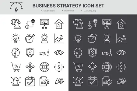 EE - Business strategy icon set. Editable stroke. 7EA4B29