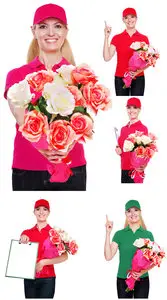 Send flowers, girl with flowers - Stock Photo