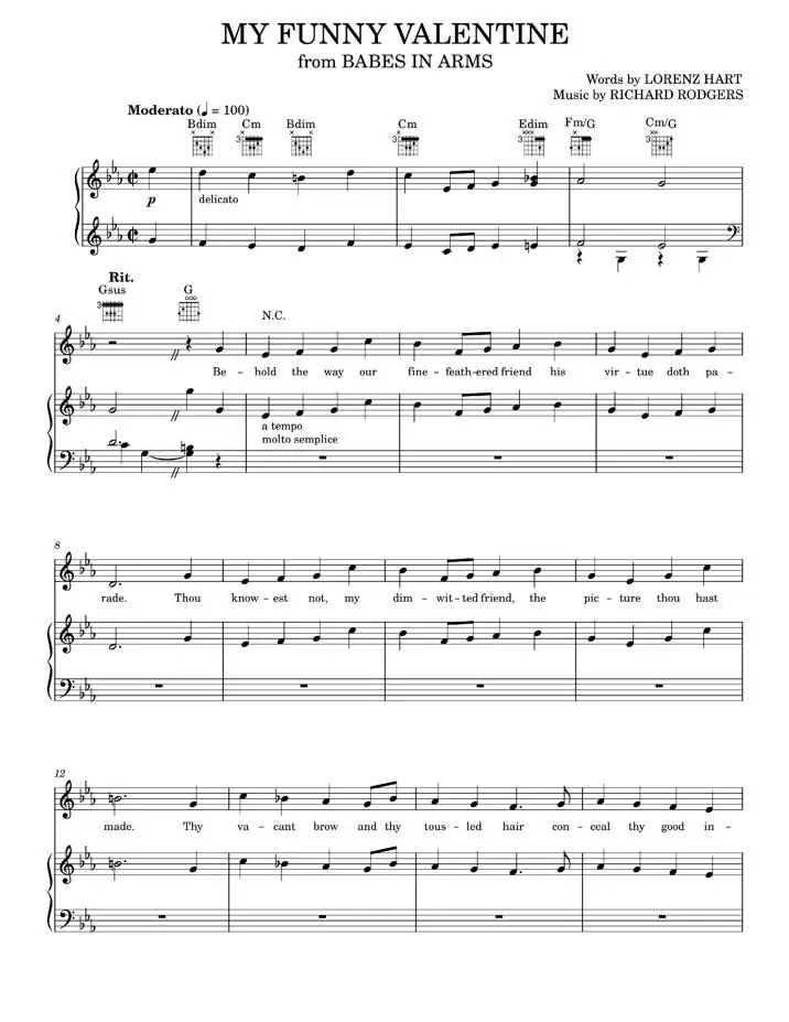 My Funny Valentine - Babes In Arms Musical, Frank Sinatra, Rodgers & Hart (Piano-Vocal-Guitar)