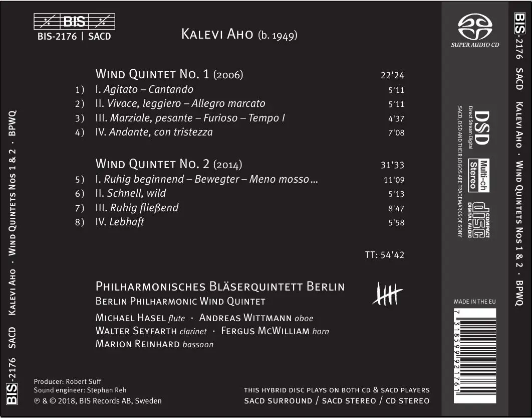 Berlin Philharmonic Wind Quintet - Kalevi Aho: Wind Quintets Nos. 1 & 2 (2018)