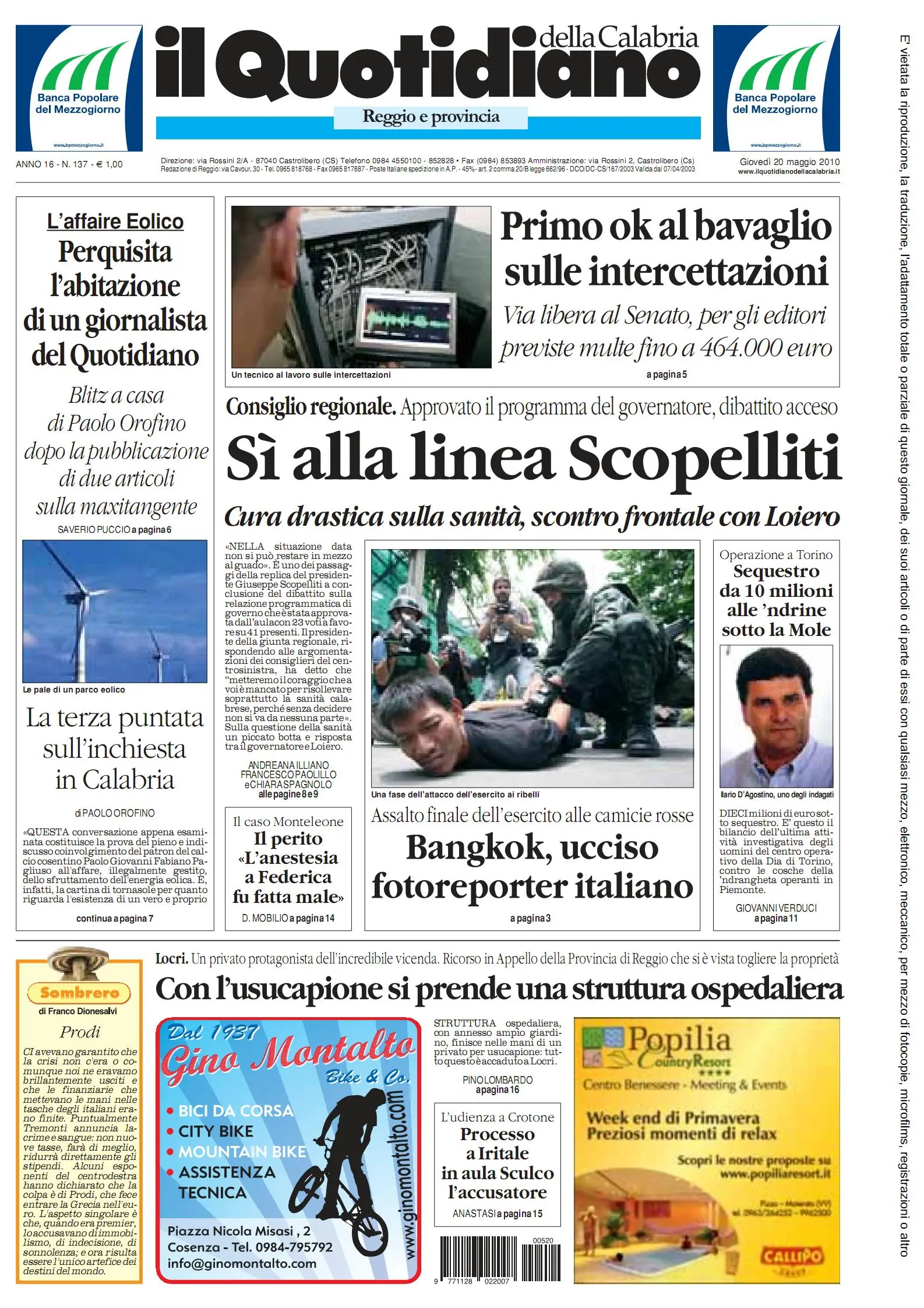 QUOTIDIANO DELLA CALABRIA 20 MAGGIO 2010