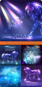 Horse New year card neon vector background