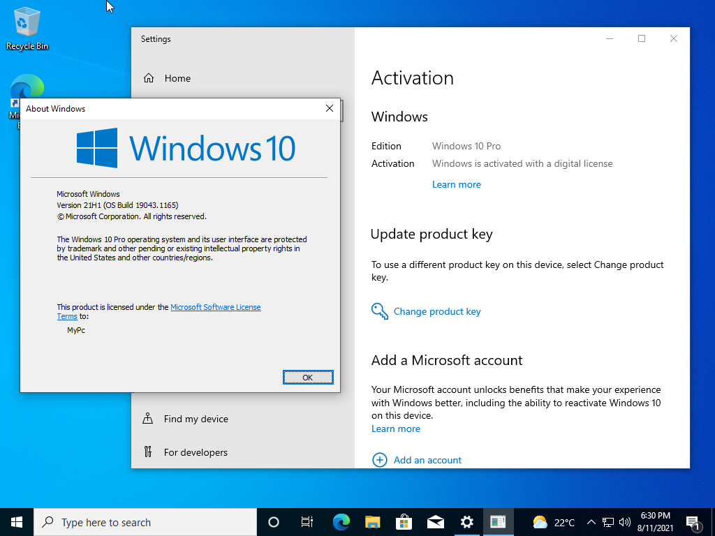Windows 10 Pro 21H1 10.0.19043.1165 (x86/x64) Multilingual Preactivated August 2021