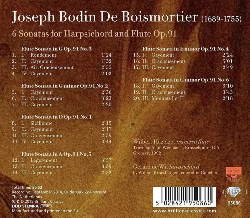 Wilbert Hazelzet, Gerard de Wit - Boismortier: 6 Flute Sonatas, Op. 91 (2016)