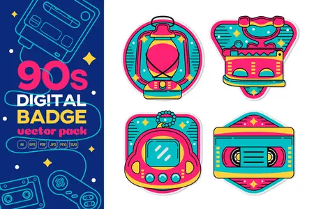 90s Digital Badge Vector Pack #04