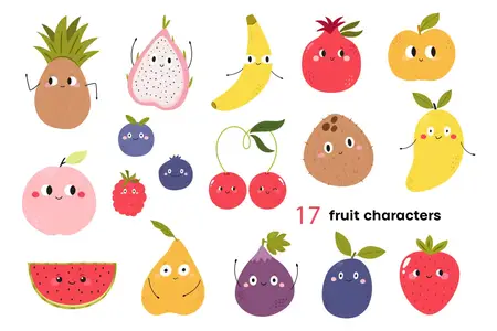 EE - Cute Fruit Characters  Vector Illustration Set VEPF7Y4